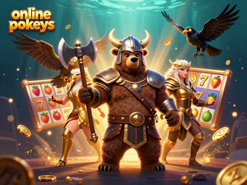 Experience thrilling online pokies action with a Viking bear, Valkyrie eagle, and captivating slot elements.