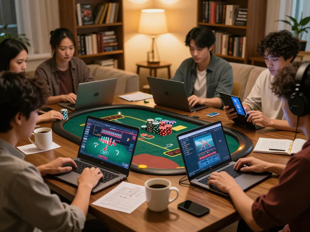 Players enjoying viral4d online poker with laptops and strategy notes in a cozy living room