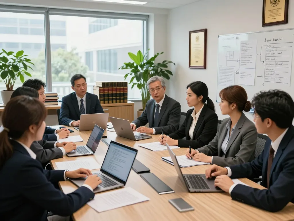 Group of USA lawyers collaborating in a professional office environment, discussing case strategies.