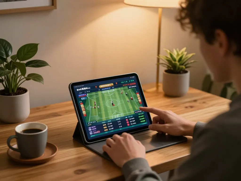 Engaging in strategic sports betting with nhandinhkeonhacai on a tablet, capturing modern gaming excitement.