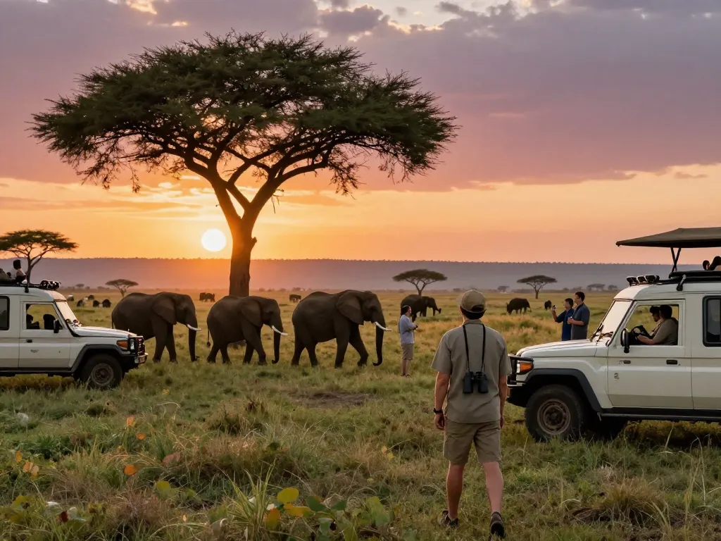 Tanzania safari tours experience with traveler observing elephants at sunset in Serengeti.