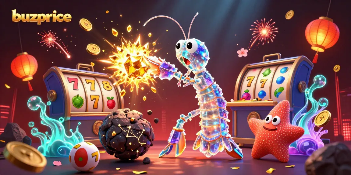 buzprice showcases a vibrant 3D scene with a galactic samurai mantis shrimp amidst golden jewels and casino elements.
