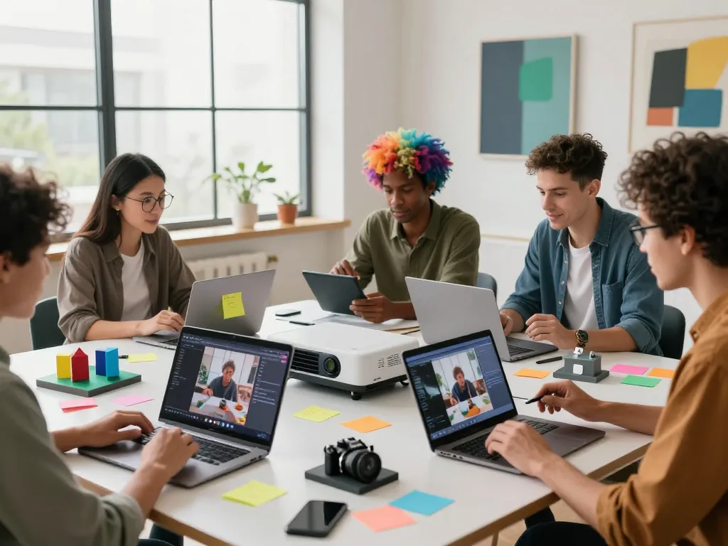 Generate video to prompt insights in a vibrant creative workshop with diverse team collaboration.
