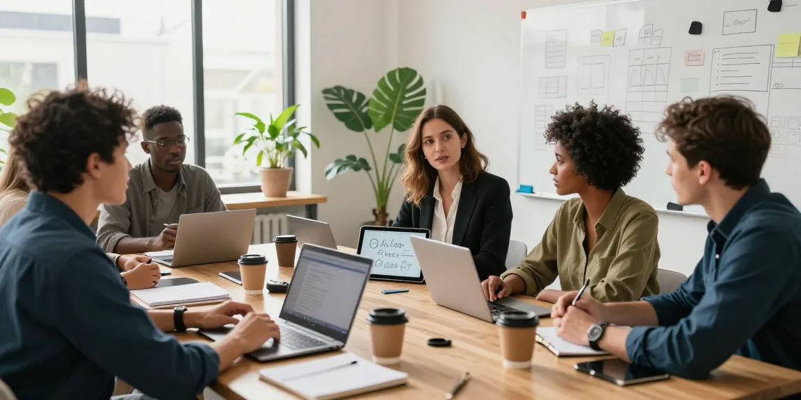 Self-employed professionals collaborating in a modern workspace, showcasing services and networking.