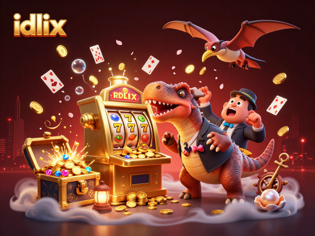 idlix showcases a vibrant scene of slot jackpots, with dinosaurs and treasure in action.