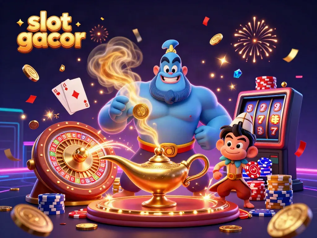 Experience the thrill of slot gacor with a dynamic casino scene featuring genies, gold coins, and vibrant action.