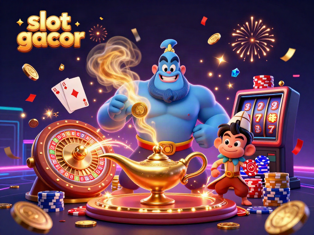 Experience the thrill of slot gacor with a dynamic casino scene featuring genies, gold coins, and vibrant action.