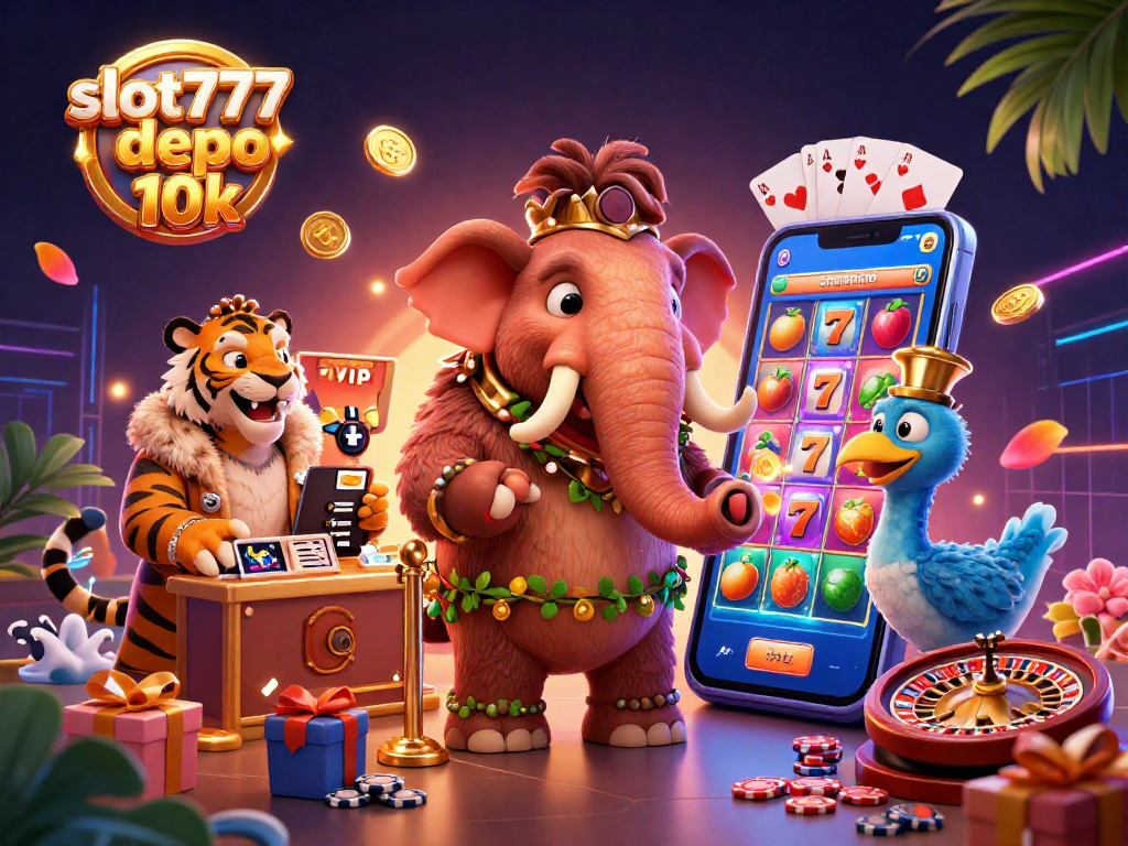 Experience winning excitement with slot777 depo 10k in this vibrant casino scene illustration.