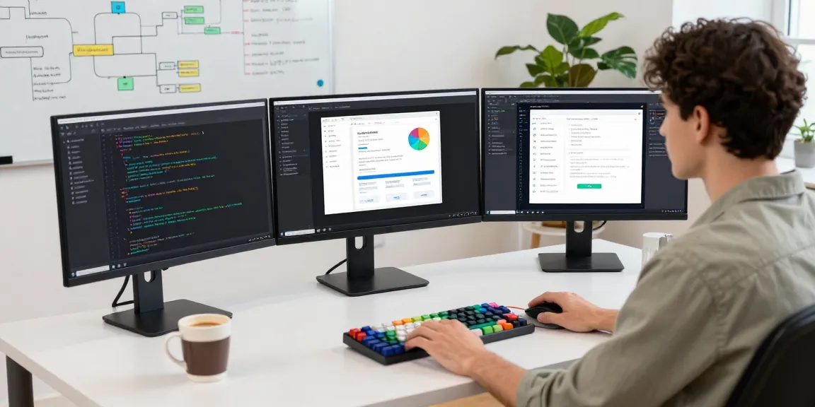 Developer coding at modern workspace with telegramin-cn.com interface displayed on multiple screens.