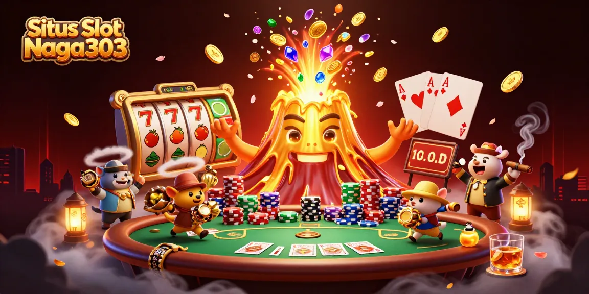 Situs Slot Naga303 showcases exciting slot gameplay featuring a golden volcano and treasure-filled scene, captivating players.