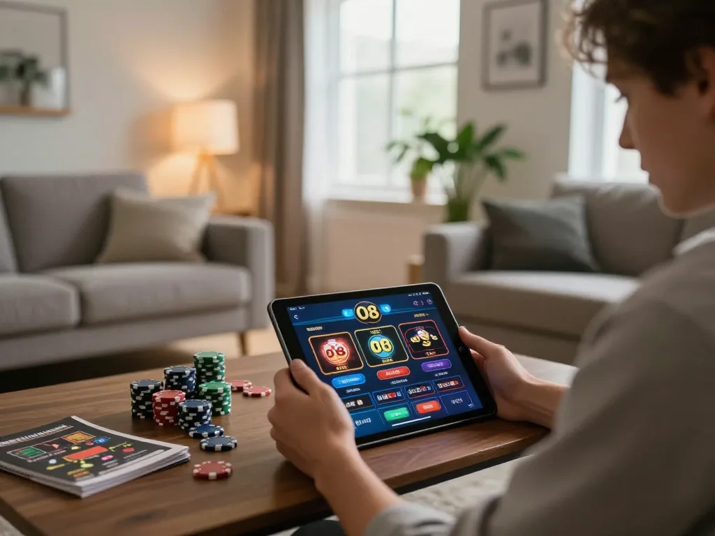 Engaging in online gaming at O8 casino app on tablet in cozy living room setting