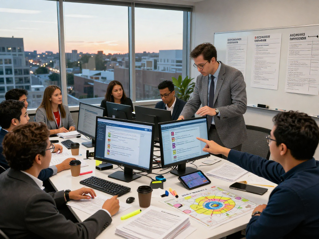Campaign team discussing political SMS compliance in strategy session with data displays, charts, and maps.