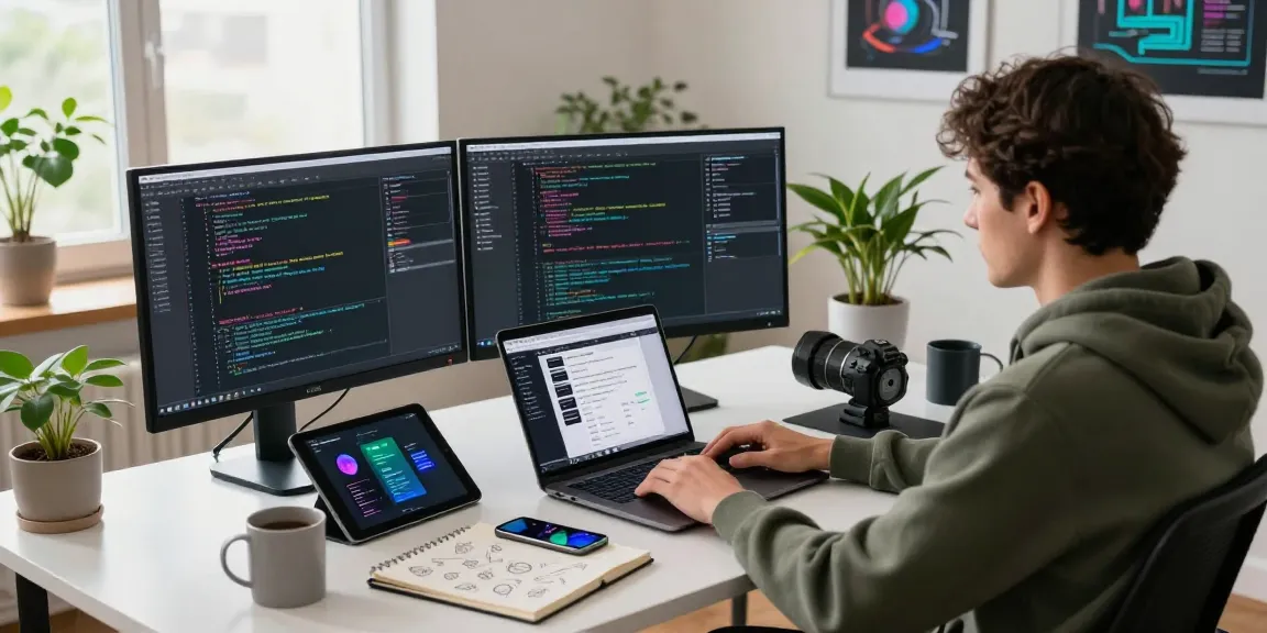 Developer's workspace with code displaying on multiple monitors and a laptop, showcasing the innovative spirit of teiegramin.com.