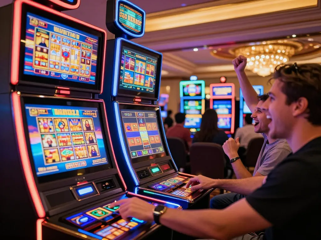 Engaged player spinning slots not on gamstop in vibrant casino atmosphere.