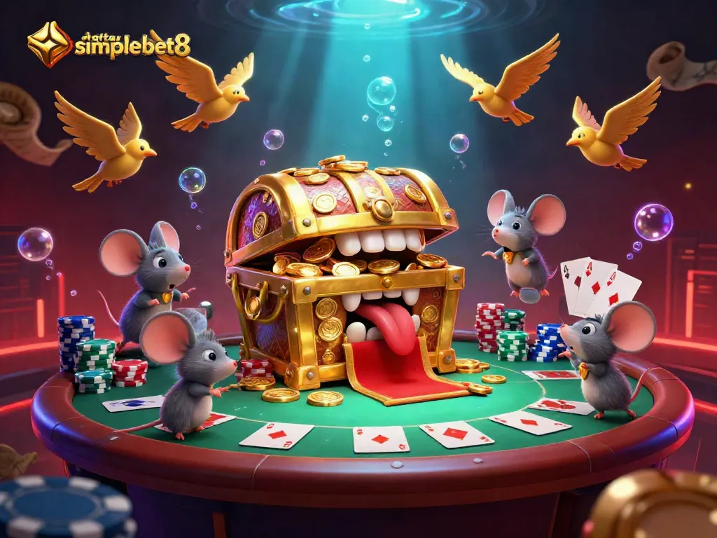 Engage in the excitement of daftar simplebet8 as golden treasure chests lure adventurer mice amidst dynamic casino elements.