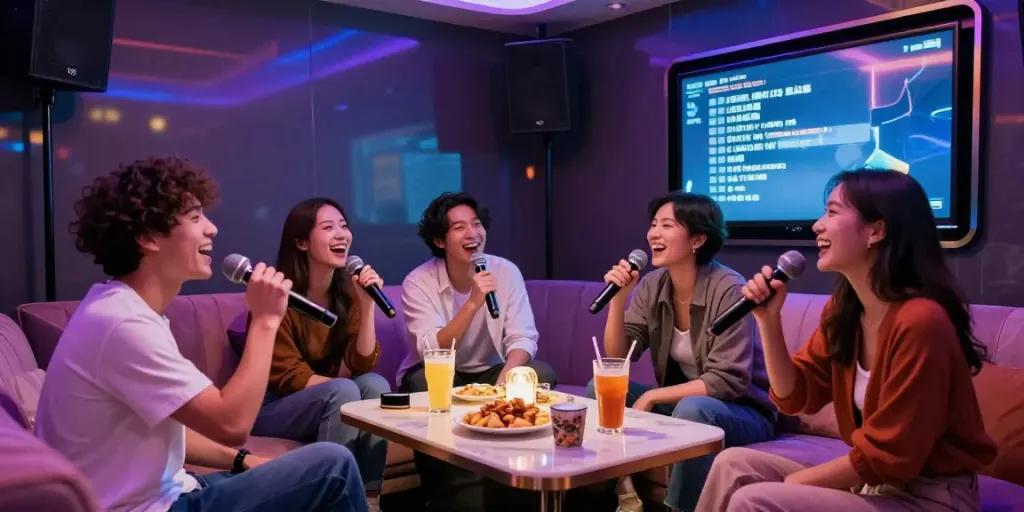 달토 가라오케에서 친구들과 즐거운 시간을 보내는 모습과 현대적인 인테리어가 조화된 장면