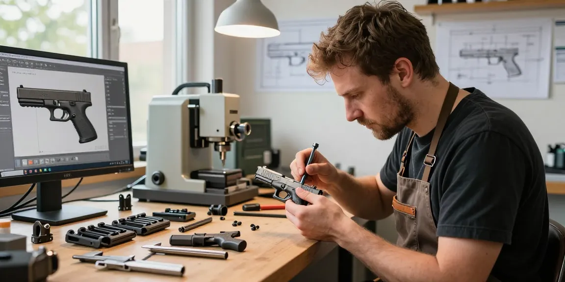 Expert gunsmith customizing Glock slides at https://precisionglockslides.com with specialized tools and 3D design models.