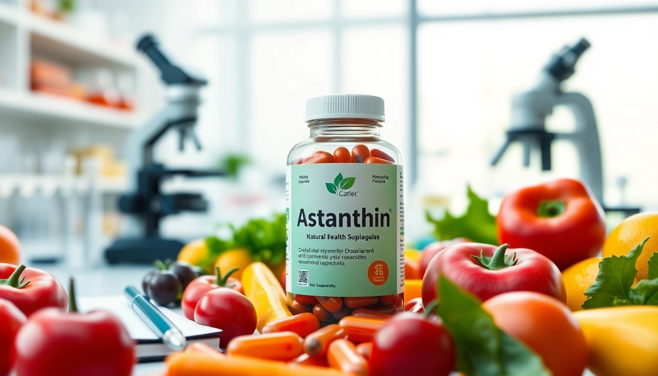 Showcase astaxanthin for inflammation with vibrant fruits and capsules in a lab setting.