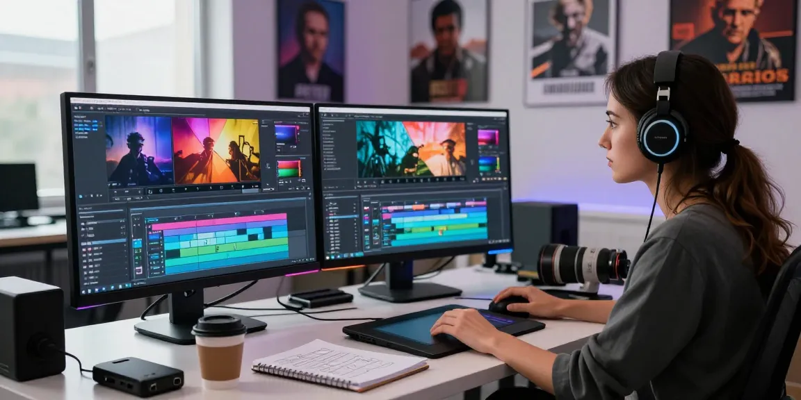 Video editor in a modern studio actively generating ai video prompts on dual monitors.