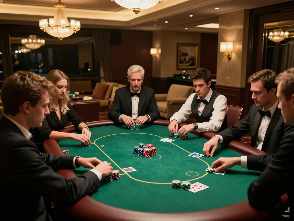 Players strategizing their next move at a high-stakes poker table in 888top's exclusive gaming room.