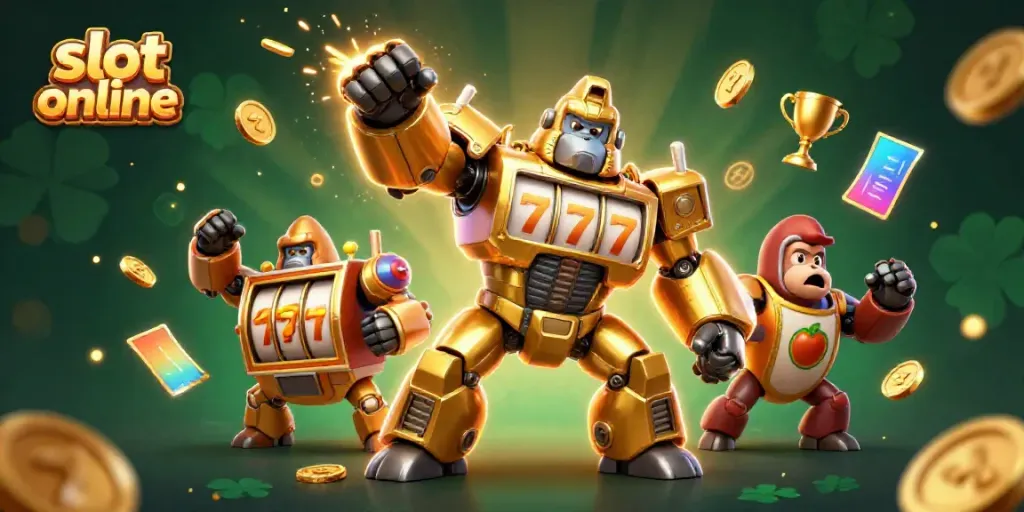 Jelajahi slot online dengan ilustrasi 3D gorila emas mech dari mesin slot, penuh aksi dan simbol keberuntungan.
