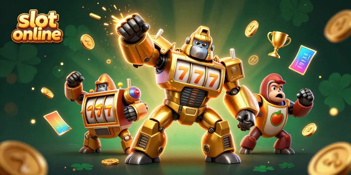 Jelajahi slot online dengan ilustrasi 3D gorila emas mech dari mesin slot, penuh aksi dan simbol keberuntungan.