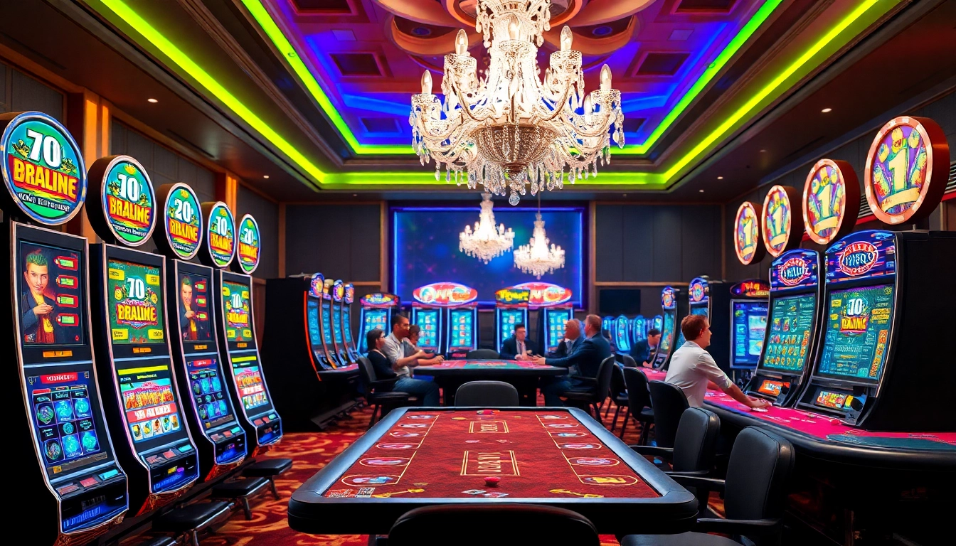 Engaging scene of Non gamstop Casino Uk with players at vibrant slot machines and poker tables.