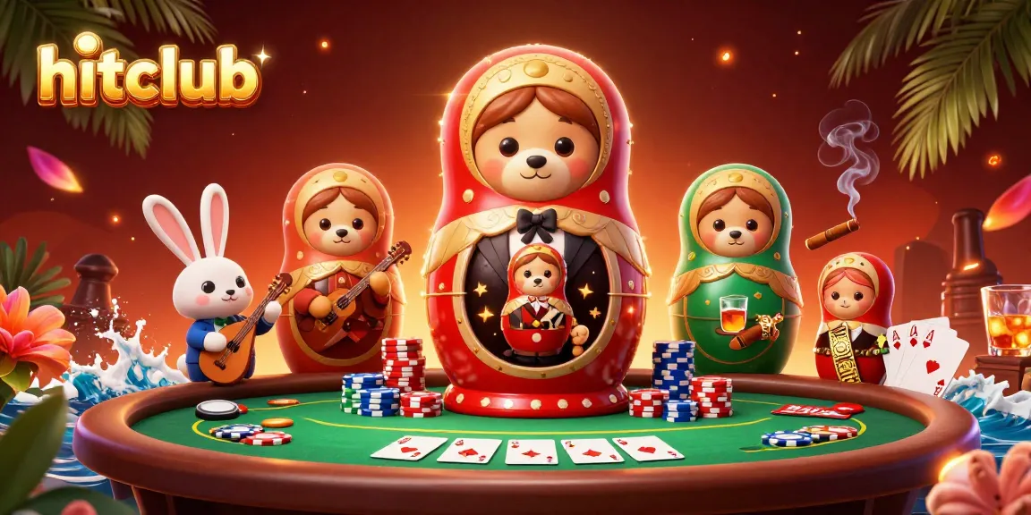 Hitclub showcases engaging casino-themed fun with Matryoshka bears and vibrant poker elements.