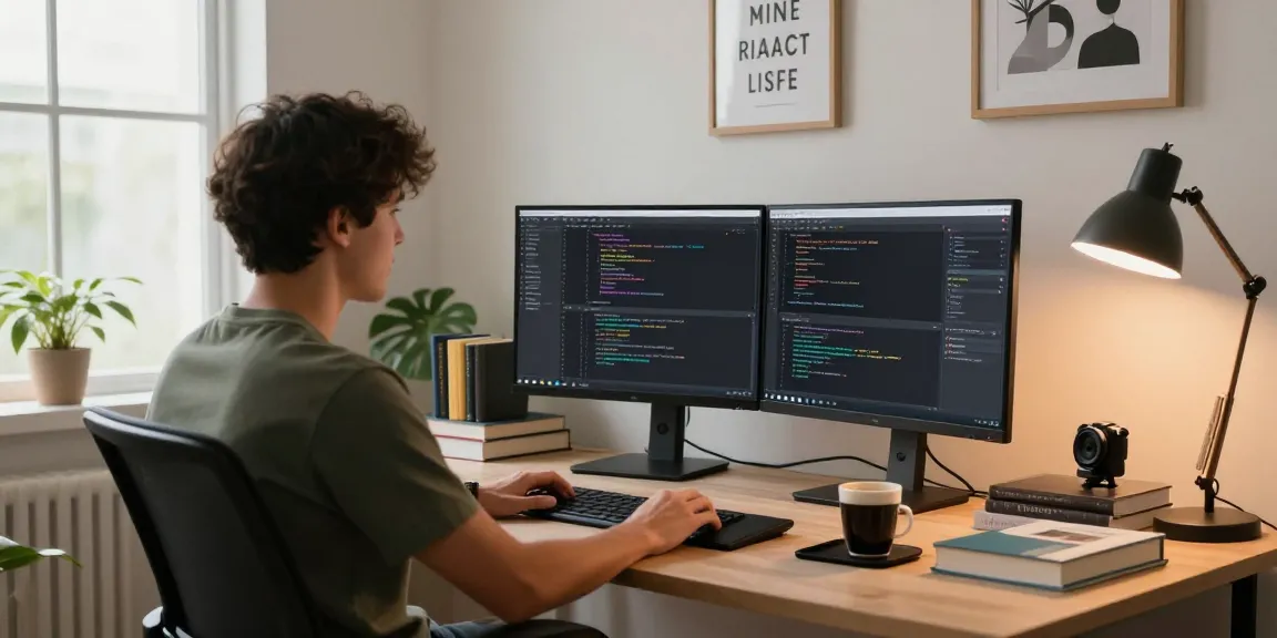 Advanced React developer course in a modern home office with coding setup and resources.