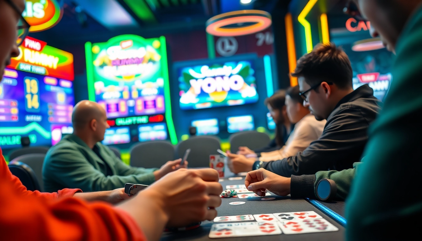 Engaged players enjoying yono rummy in an energetic neon-lit gaming environment.