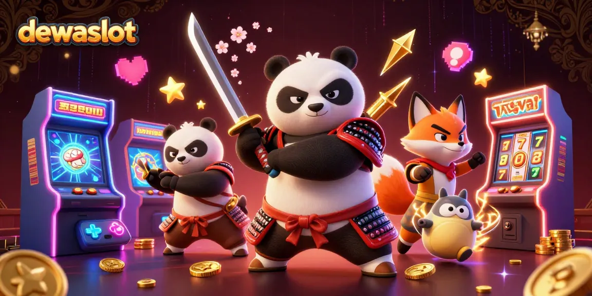 bermain dewaslot dengan panda samurai dan rubah ninja, dikelilingi elemen permainan kasino yang cerah
