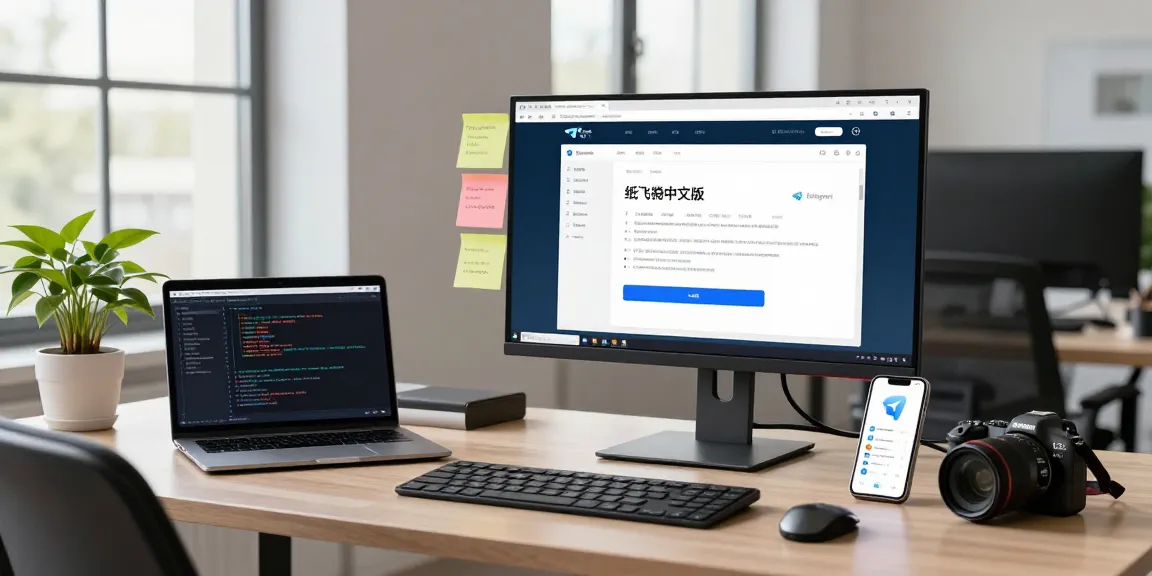 An organized tech workspace featuring the 纸飞机中文版 app on monitor, showcasing productivity in communication.