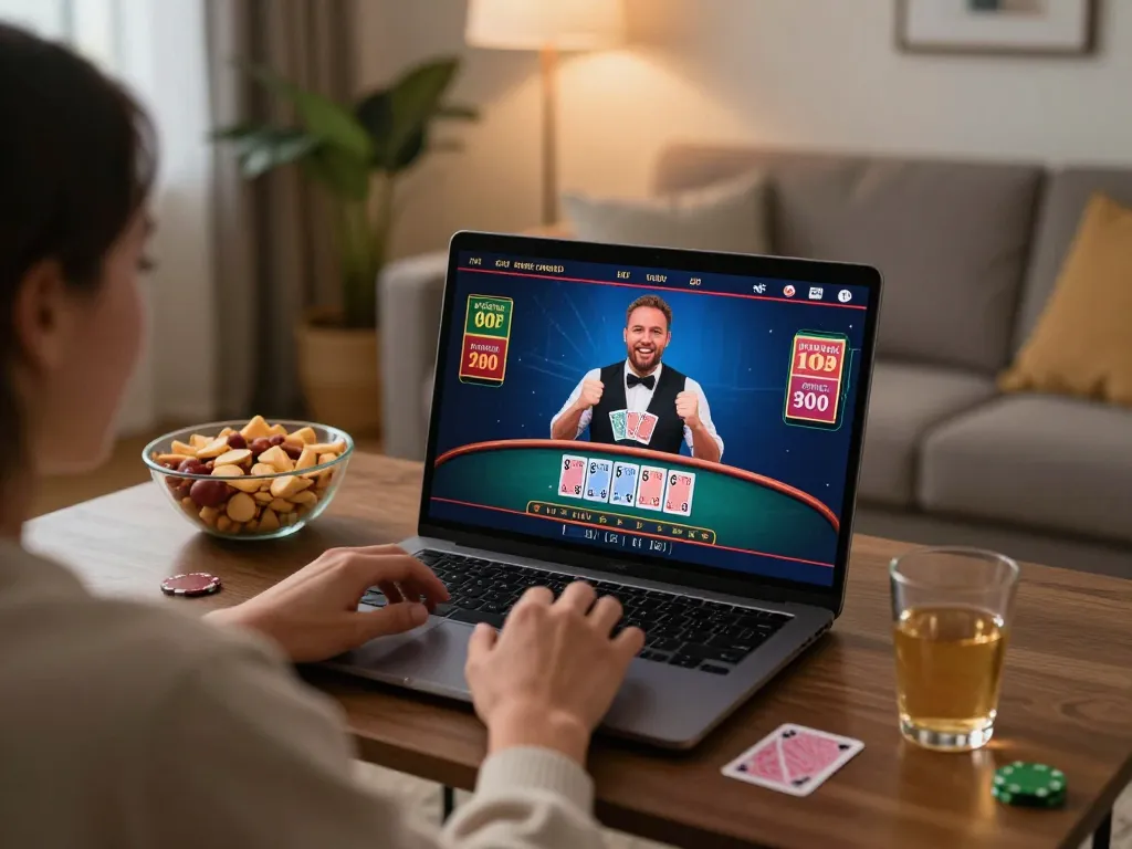 Hargatoto player celebrating a win at live dealer blackjack on laptop in cozy home.