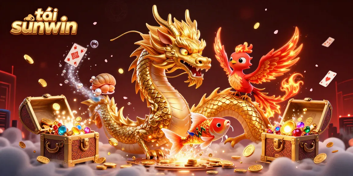 Experience excitement and thrill as you tải sunwin with a golden dragon and lucky koi fish in vibrant casino-themed illustration.