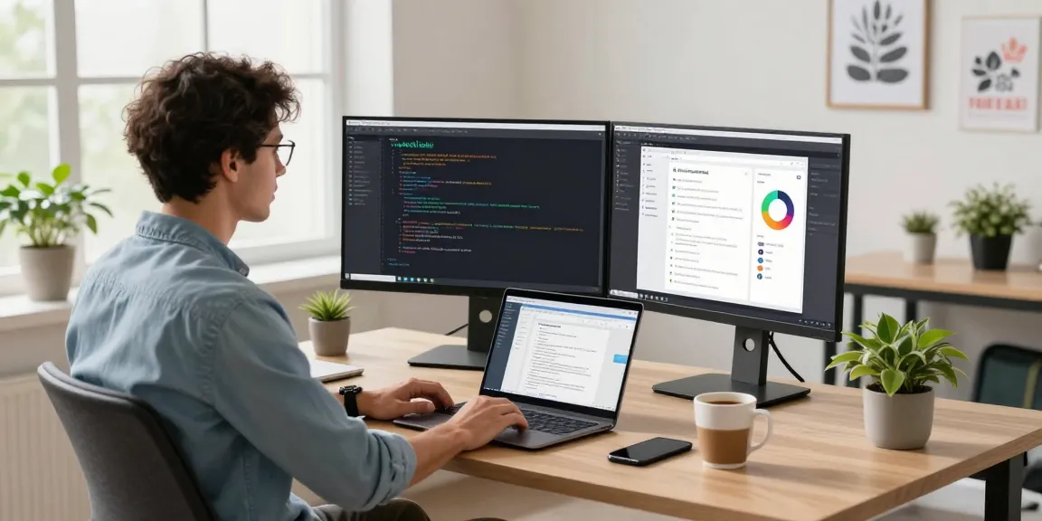 Mobile app development course online at a vibrant workspace with a developer coding in Kotlin.