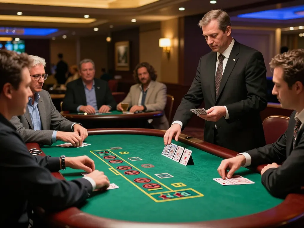 Boca Raton Construction Litigation Lawyer strategizing bets at a bustling blackjack table with players engaged in gameplay