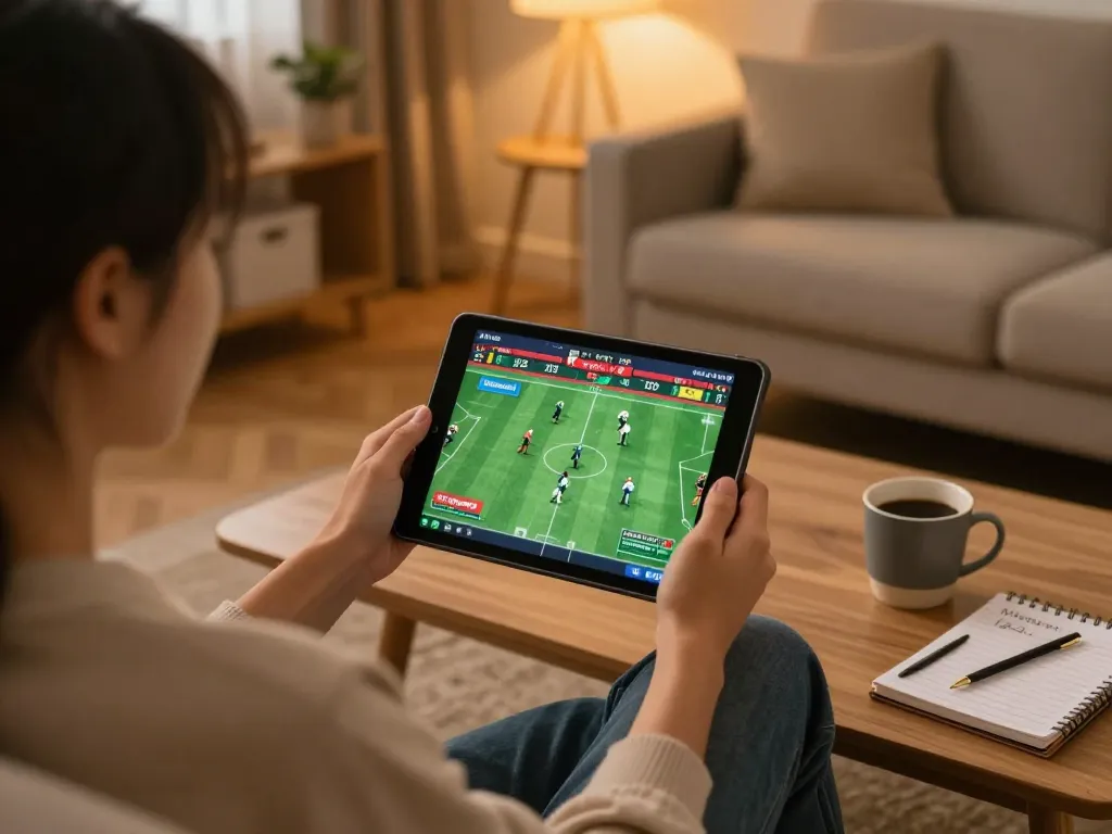Bongdalu user engaging in sports betting on a tablet, showcasing an inviting home gaming atmosphere.