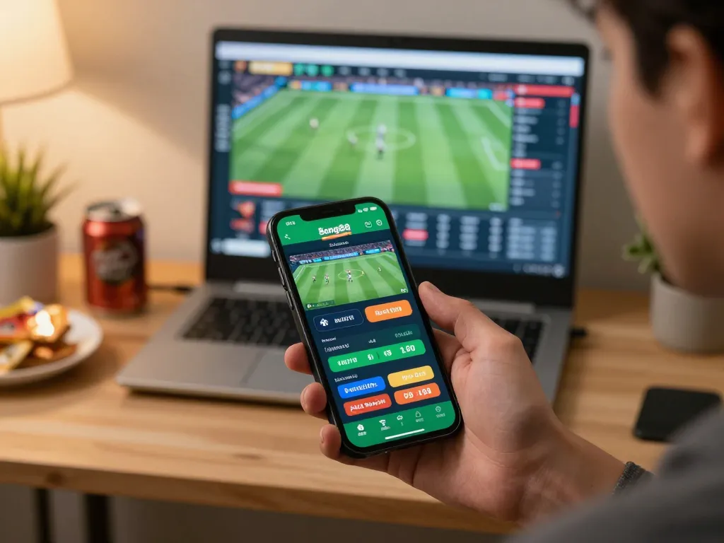 Bong88 app displayed on smartphone, enhancing online sports betting experience in a cozy home setting.