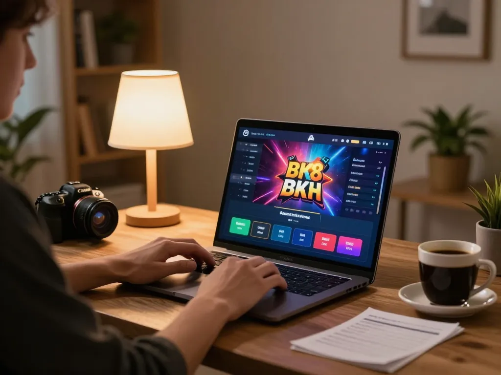 Player engaging with bk8 casino interface on a laptop at home, showcasing responsible gambling.