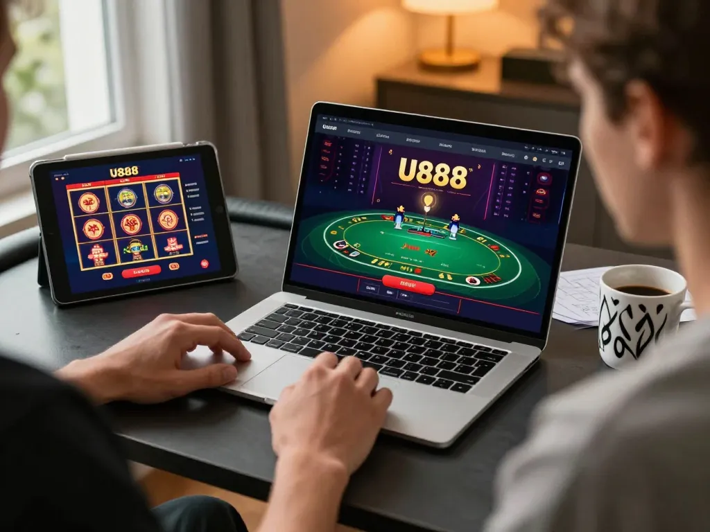 Engaging with U888's blackjack games on a laptop at home, showcasing strategic gameplay.