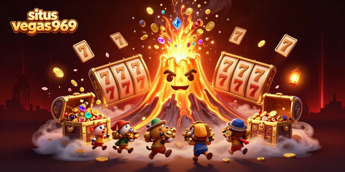 Situs vegas969 showcases a 3D cartoon volcano erupting with treasure, exciting gamers with vibrant slots and rich visuals.