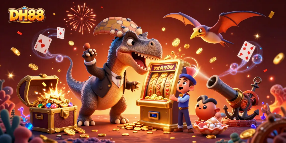 DH88 showcases a pachycephalosaurus hitting a slot machine, generating golden coins in an exhilarating casino adventure.