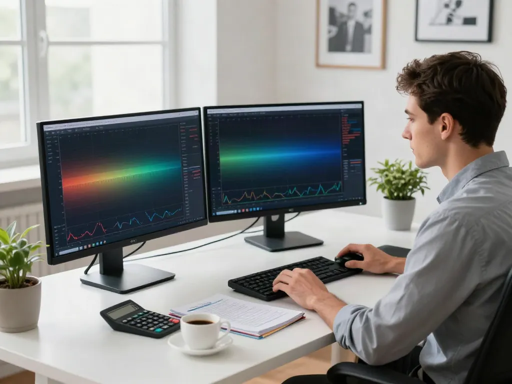 Trader using TradingView for market analysis with multiple screens and charts.