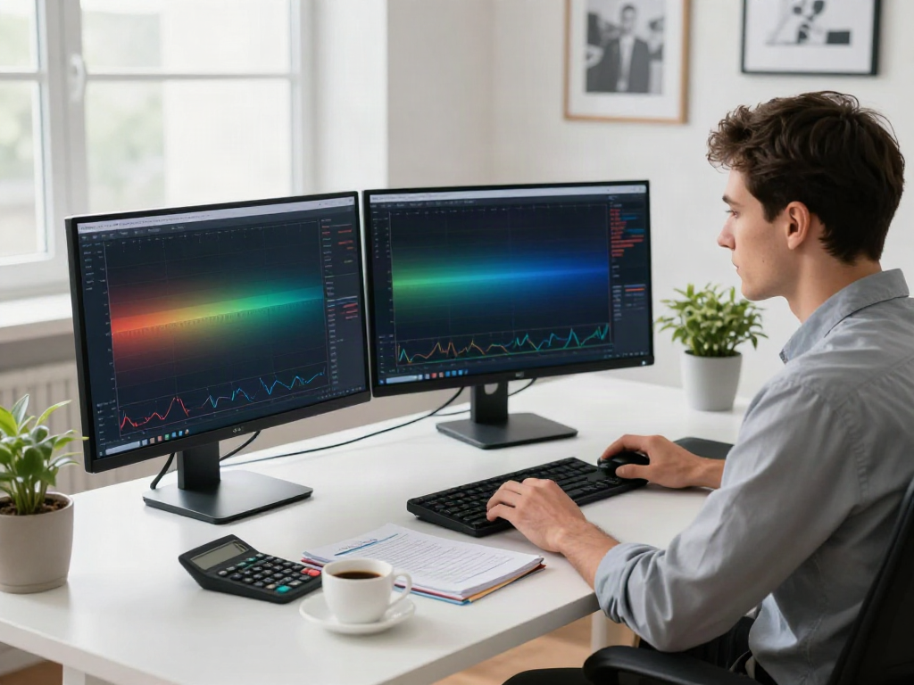Trader using TradingView for market analysis with multiple screens and charts.