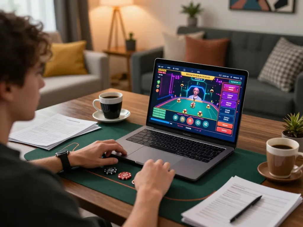 Player using laptop for lc88 baccarat game with strategy notes in cozy gaming setup.
