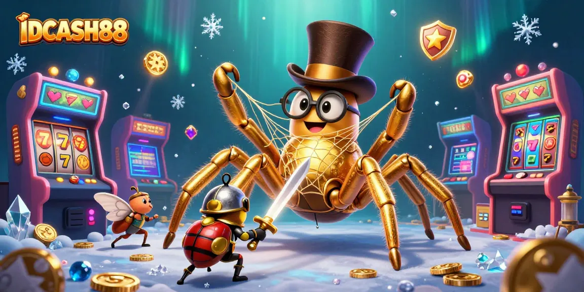 Engage with IDCASH88's thrilling gaming world featuring a golden tarantula and beetle knight in action.