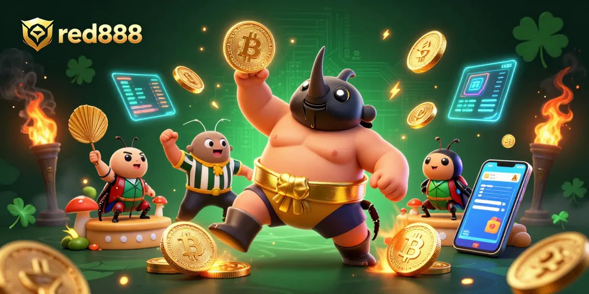 Experience the thrill of red888's dynamic digital casino scene with vibrant crypto elements and a sumo champion!