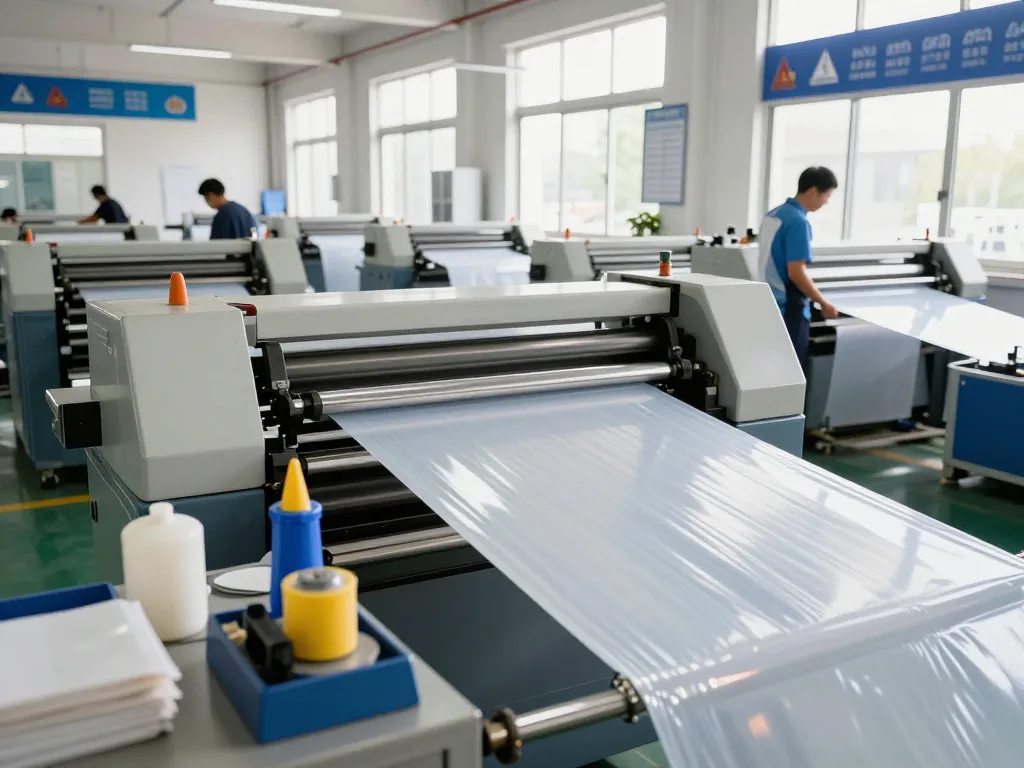 Bóc giấy ép plastic hà nội production scene with skilled workers handling advanced laminating machines in bright manufacturing facility.