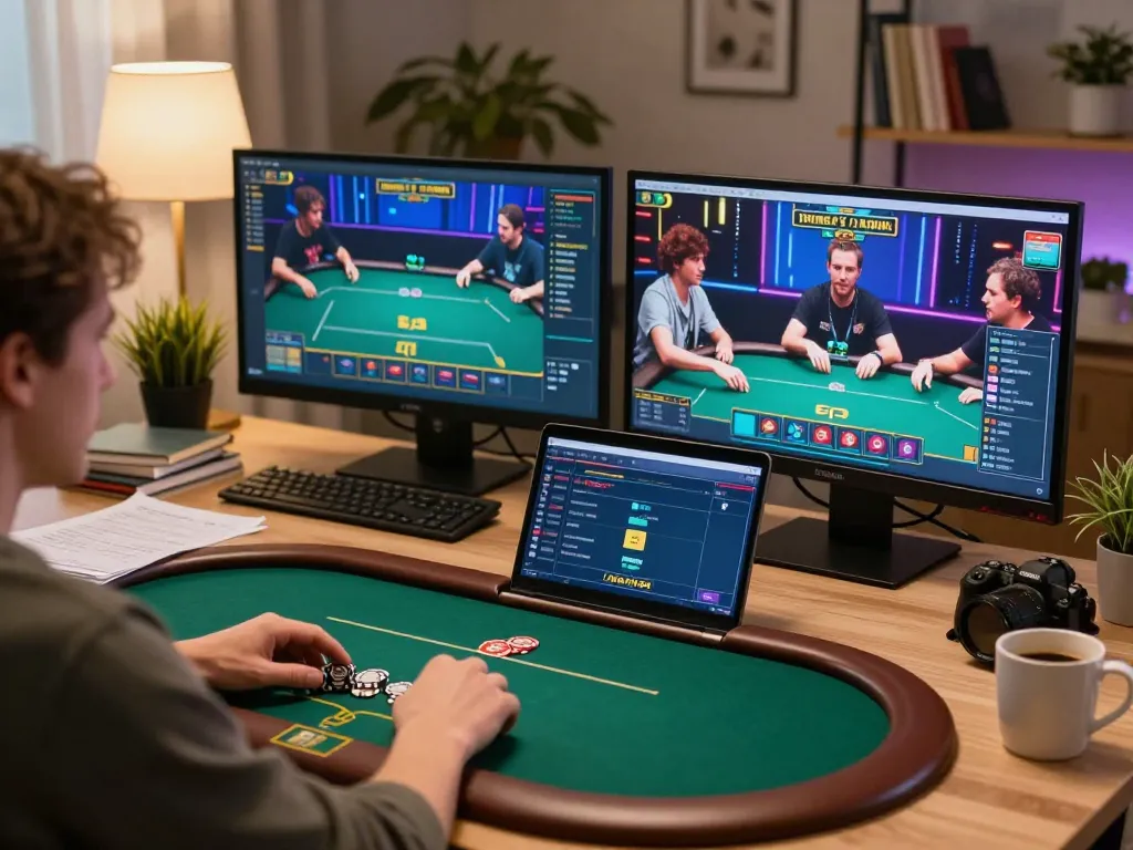 Engaging online poker session at home, highlighting ledak338 gaming strategies and vibrant gameplay.