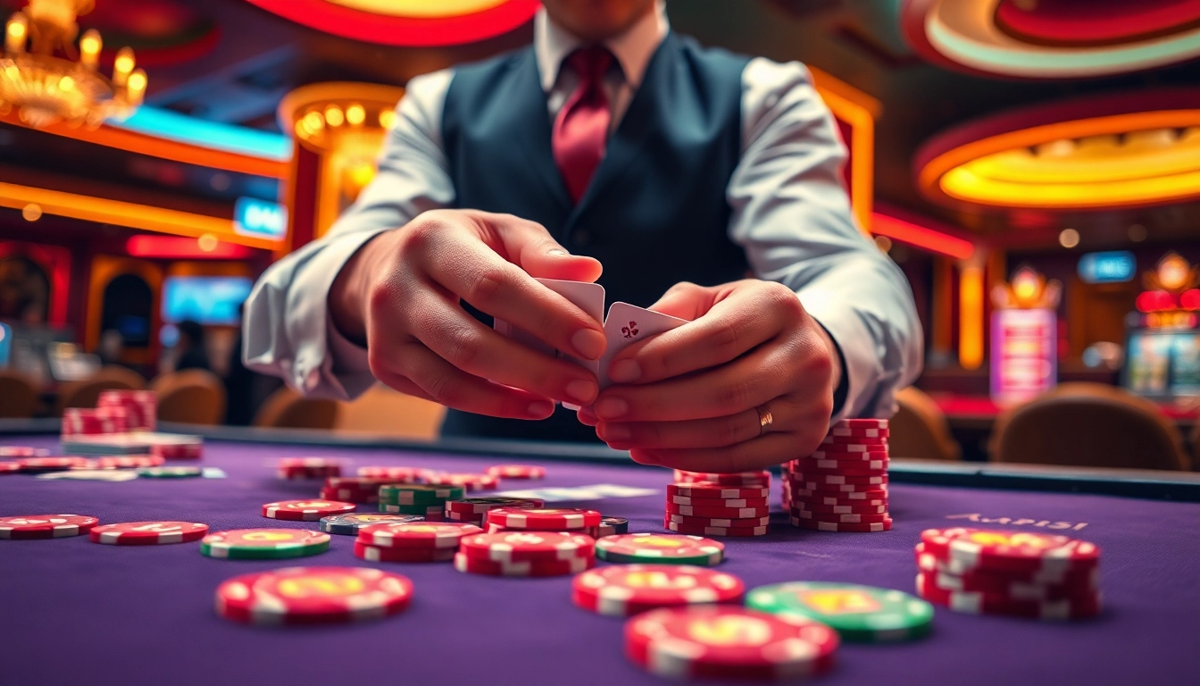 Engaging casino scene highlighting as38 online gaming with dealers and vibrant chips.